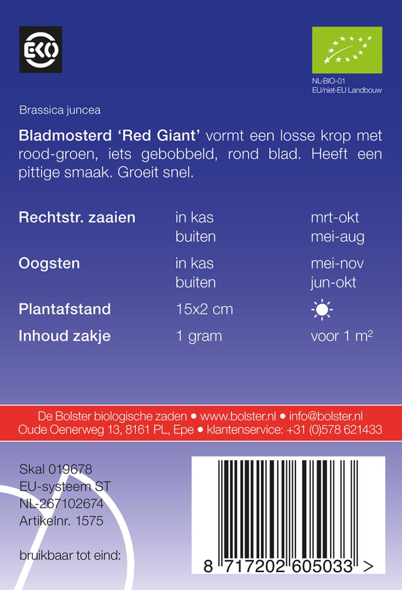 Bladmosterd Red Giant BIO (Brassica) 550 zaden BO
